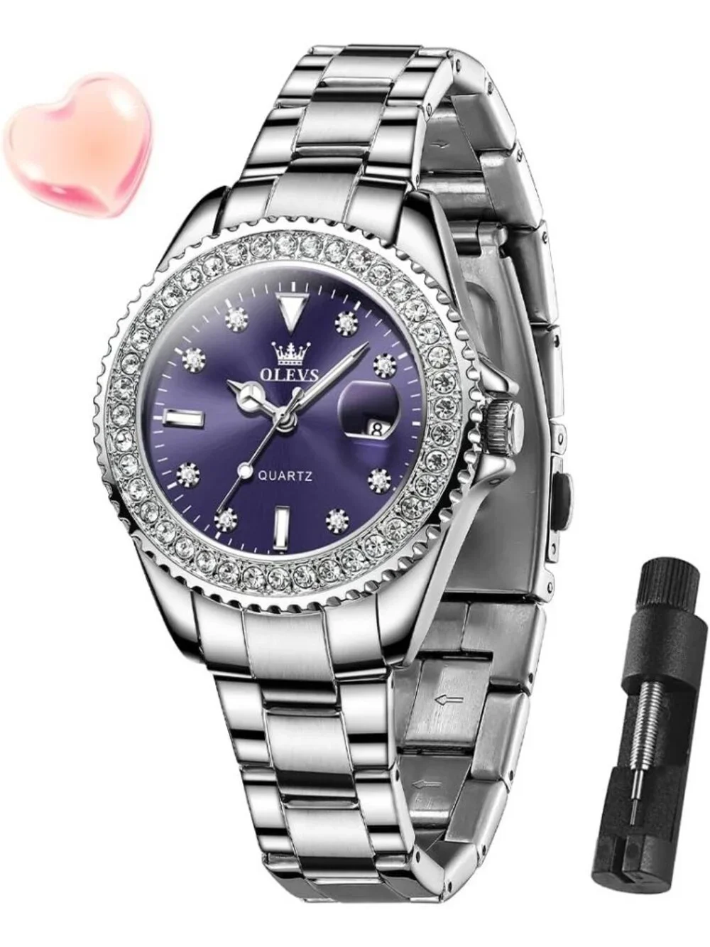 Women's Purple Luxury Diamond with Date Analog Quartz Waterproof Wrist Watch